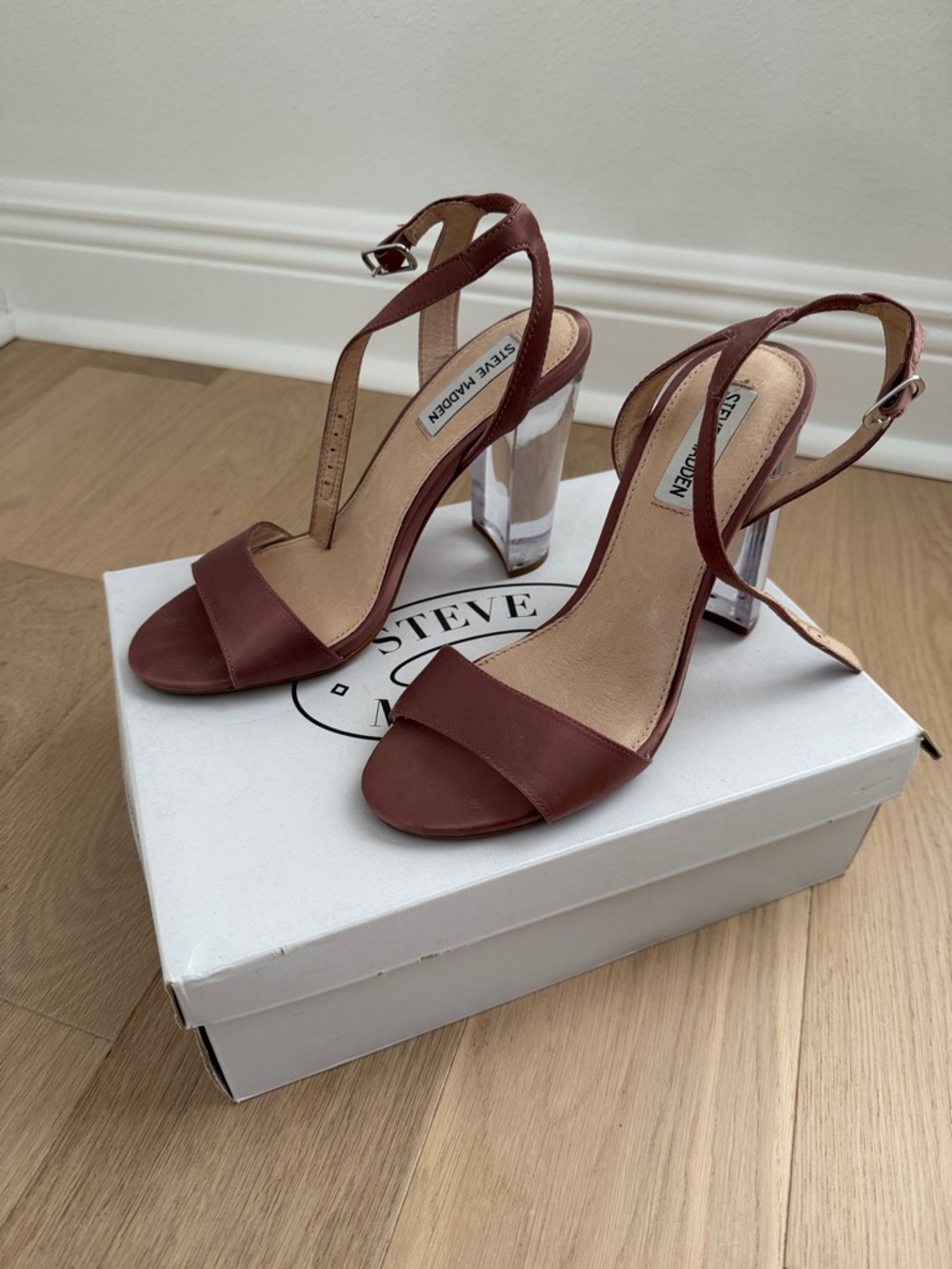 Steve Madden Dusty Rose Ankle-Strap Clear Block Heel Sandals